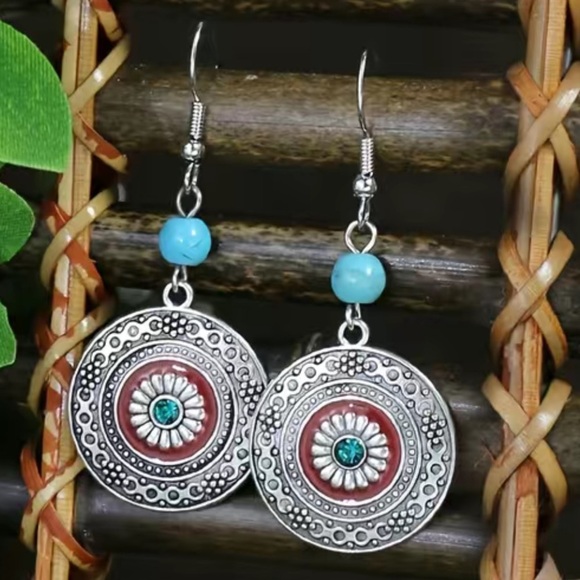 Boho Western Chic Dangle Drop Earrings Pierced Antique Silver Red Turquoise - Picture 12 of 16